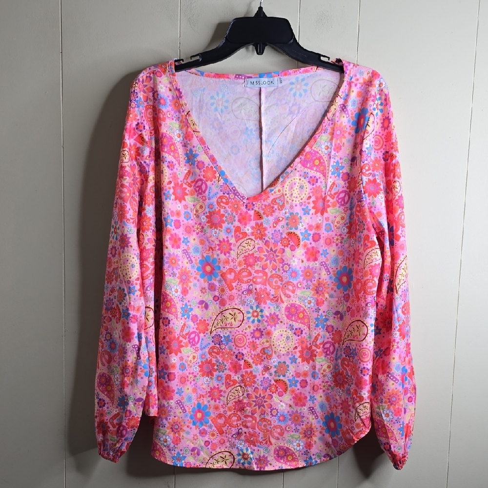 Misslook Pink Floral Long Sleeve  Women's Top XXL